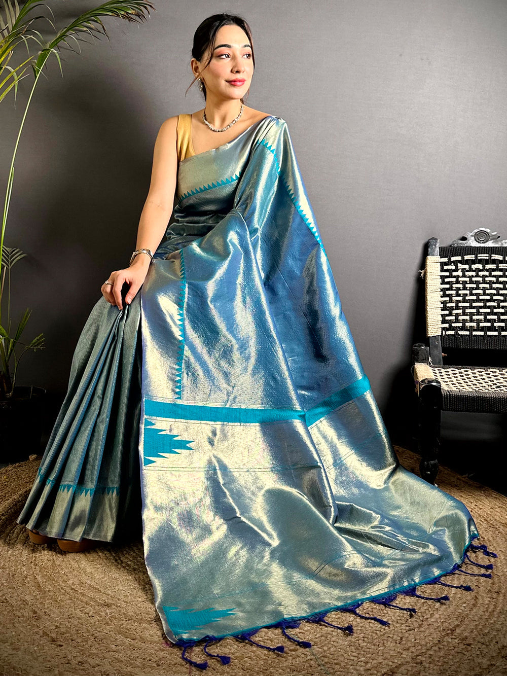 Teal Green Soft Silk Saree with Silver Zari Border & Pallu