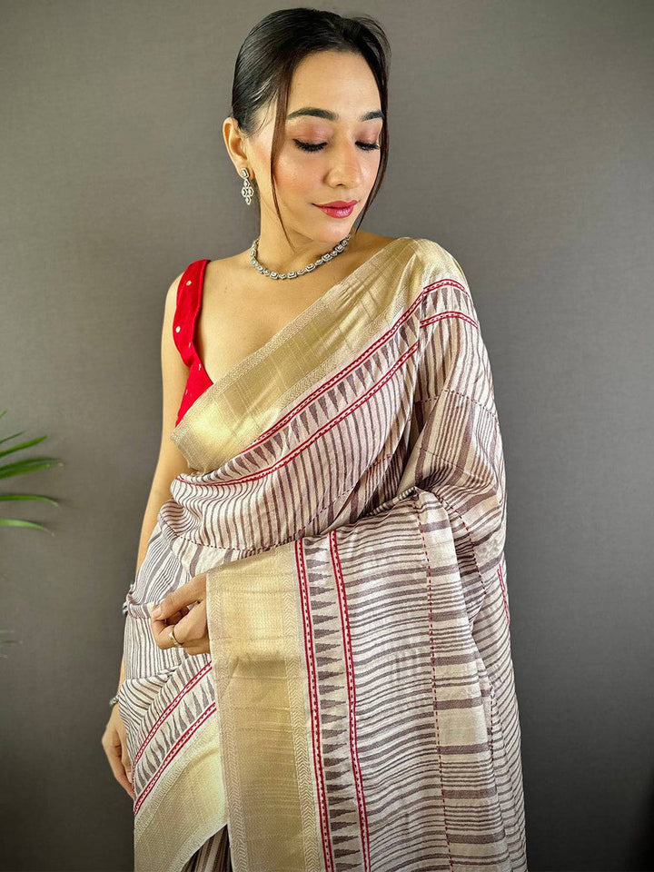 Cream & Maroon Linen Silk Saree with Striped Weaving Design