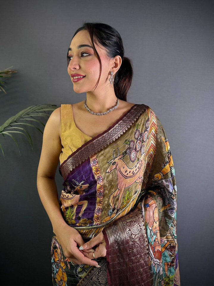 Brown Soft Silk Saree with Traditional Kalamkari Print & Golden Zari Border