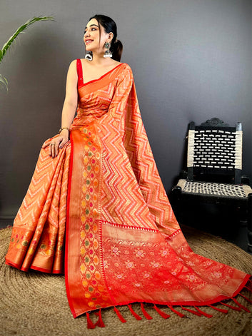 Orange Soft Silk Saree with Zigzag Weave & Red Zari Border