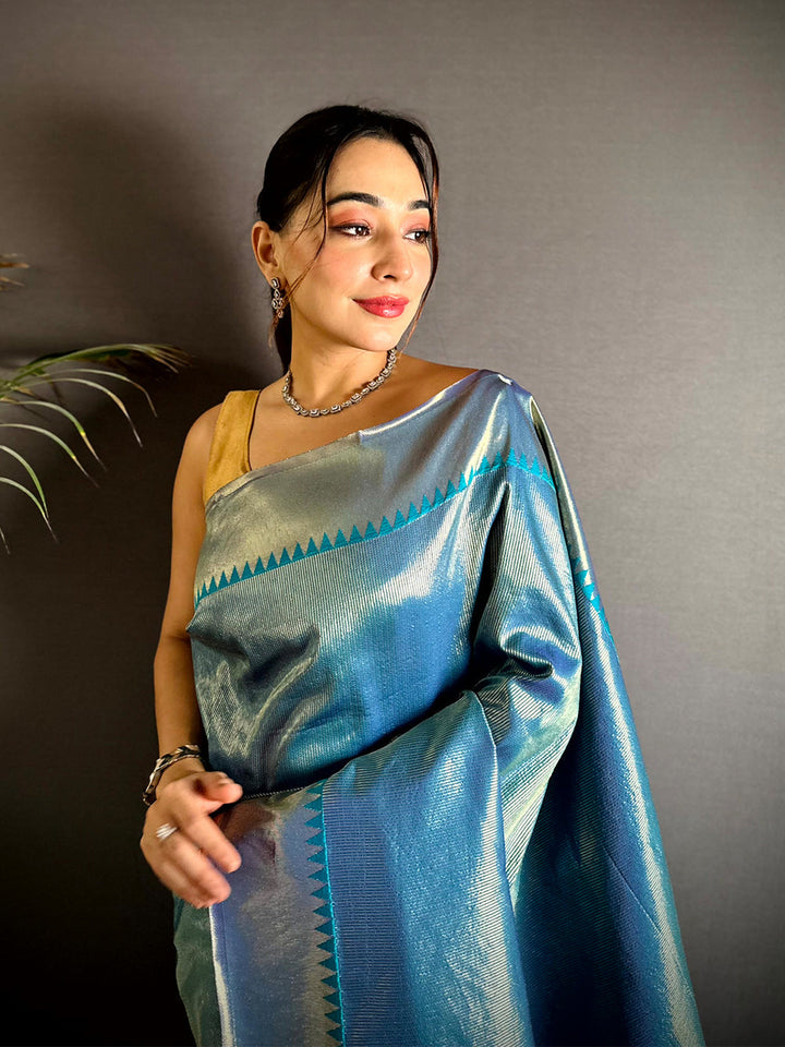 Teal Green Soft Silk Saree with Silver Zari Border & Pallu