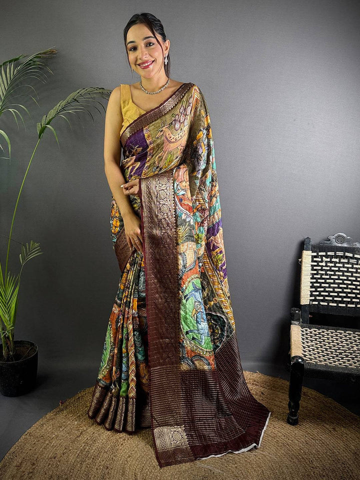 Brown Soft Silk Saree with Traditional Kalamkari Print & Golden Zari Border