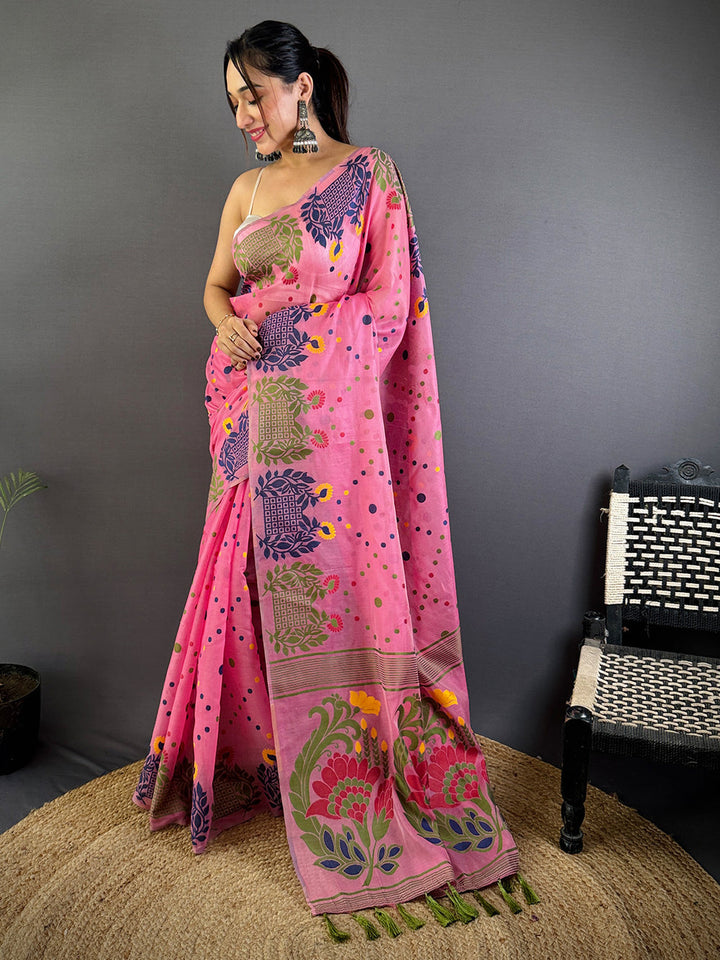 Pink Multicolor Printed Soft Cotton Saree with Floral Folk Art Motifs & Tassel Border
