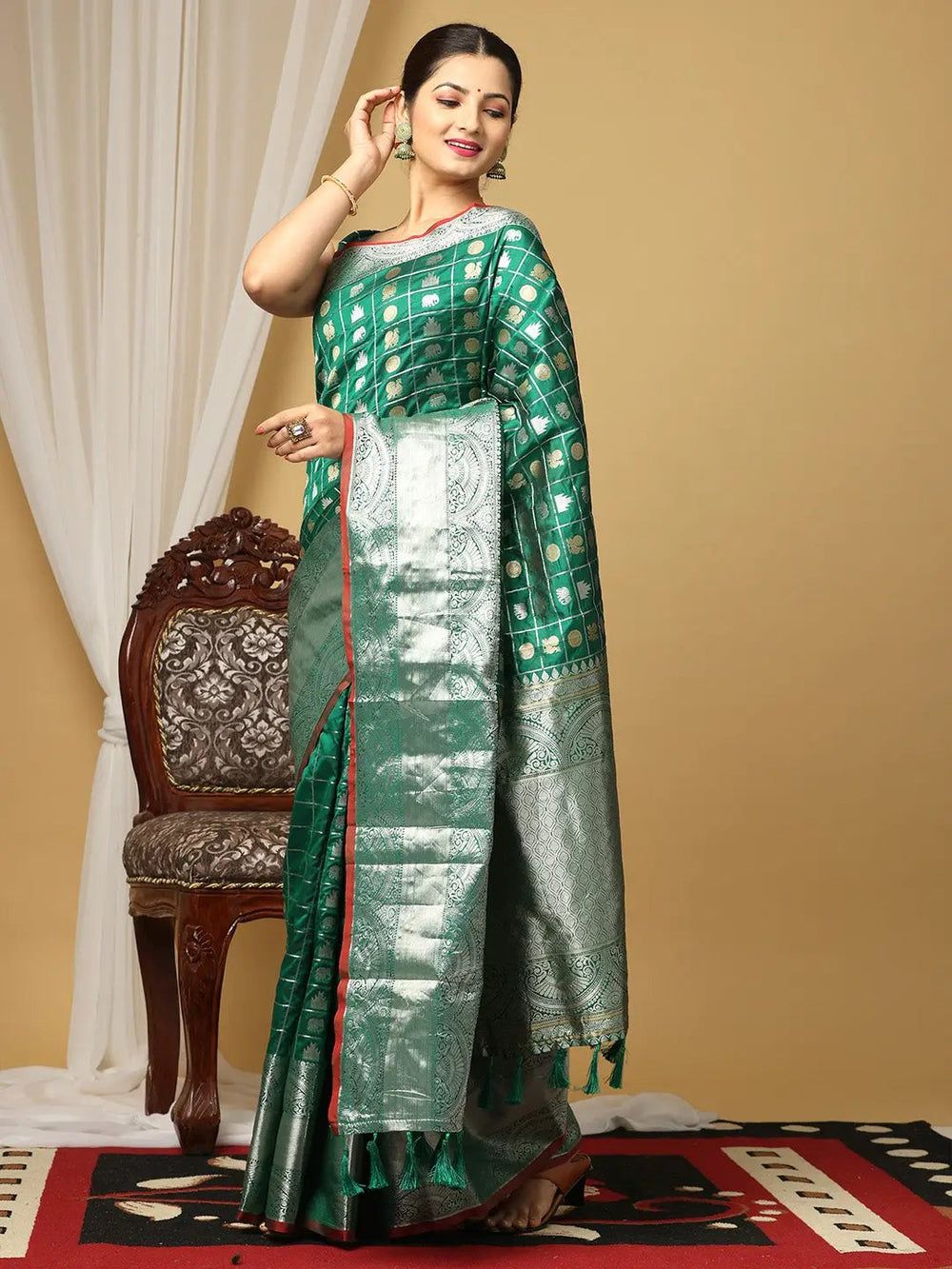 Emerald Green Banarasi Silk Saree with Silver Zari Weaving & Contrast Border