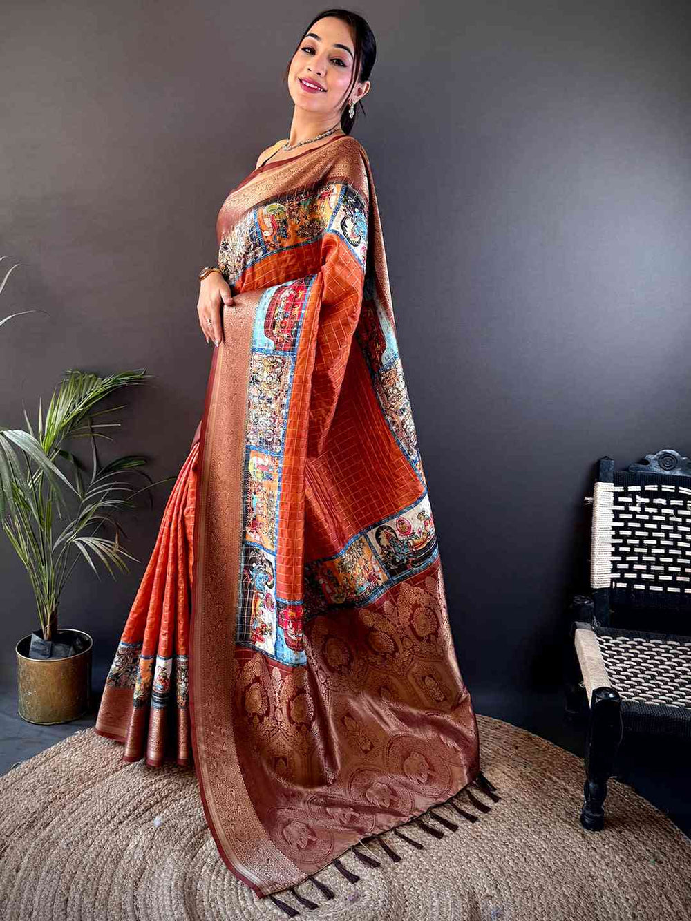 Copper Orange Banarasi Silk Saree with Artistic Print Pallu & Rich Zari Border