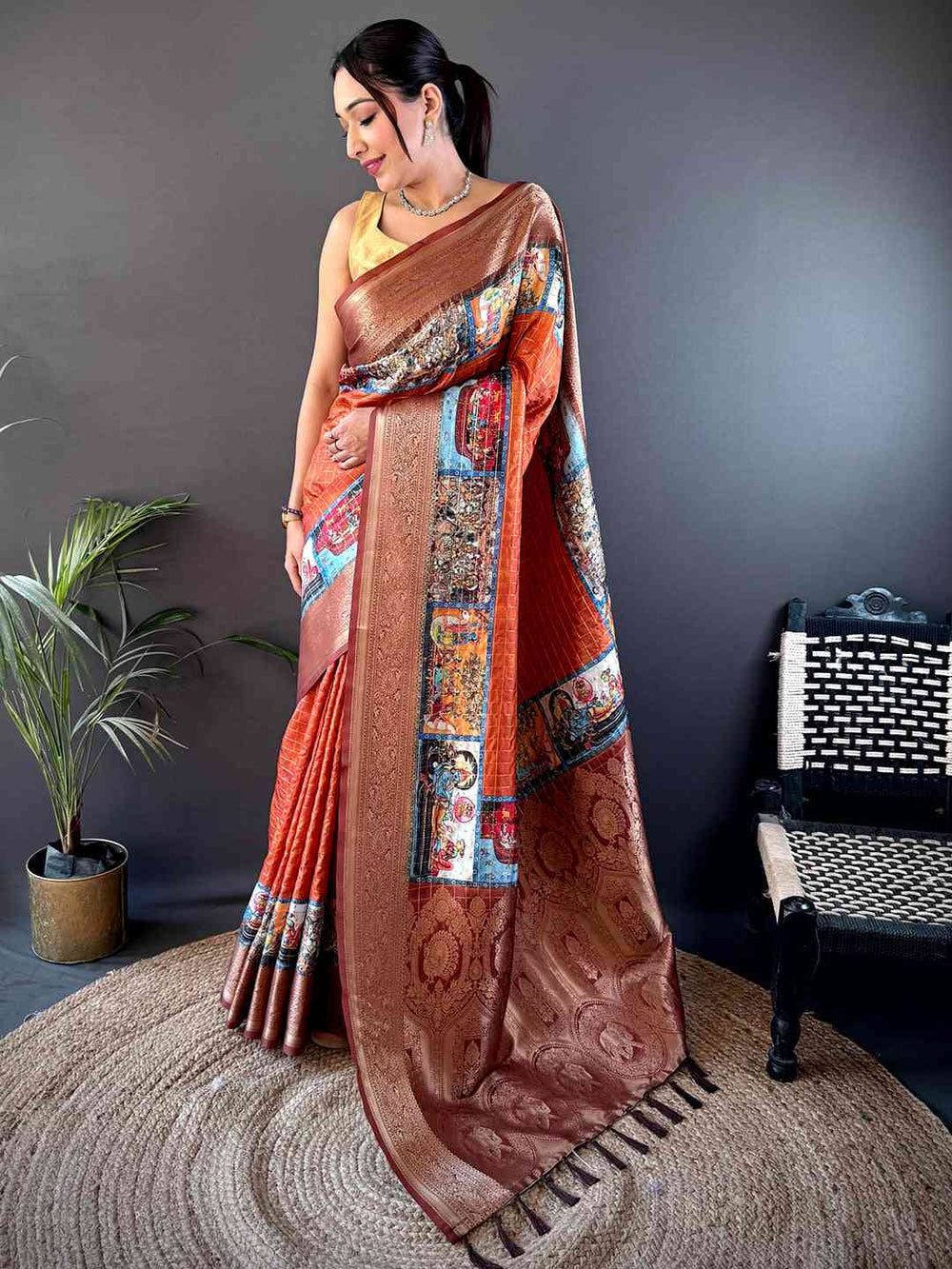 Copper Orange Banarasi Silk Saree with Artistic Print Pallu & Rich Zari Border