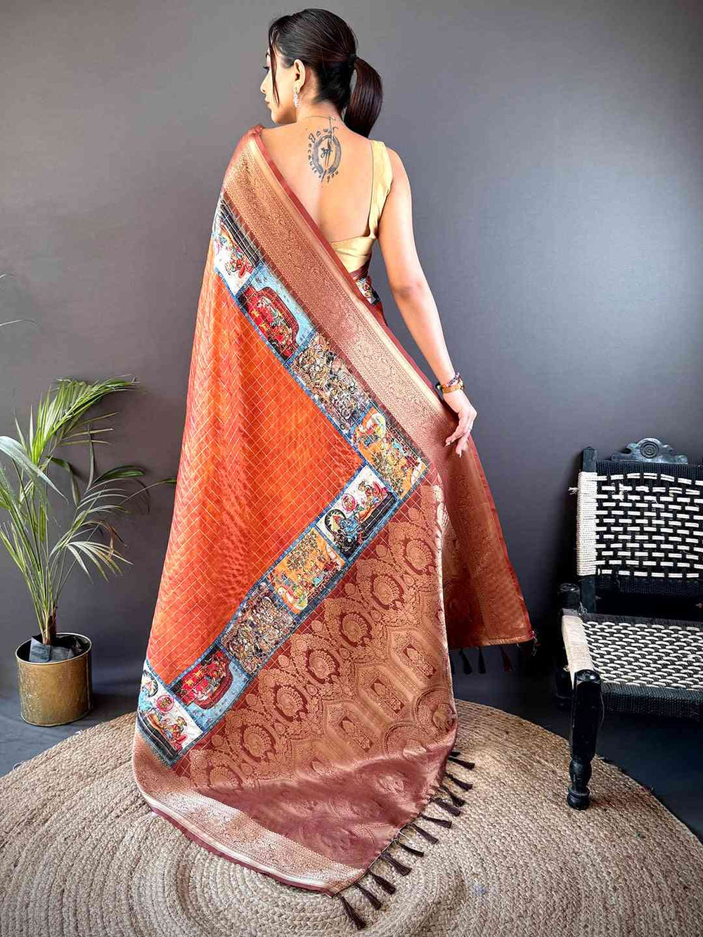 Copper Orange Banarasi Silk Saree with Artistic Print Pallu & Rich Zari Border