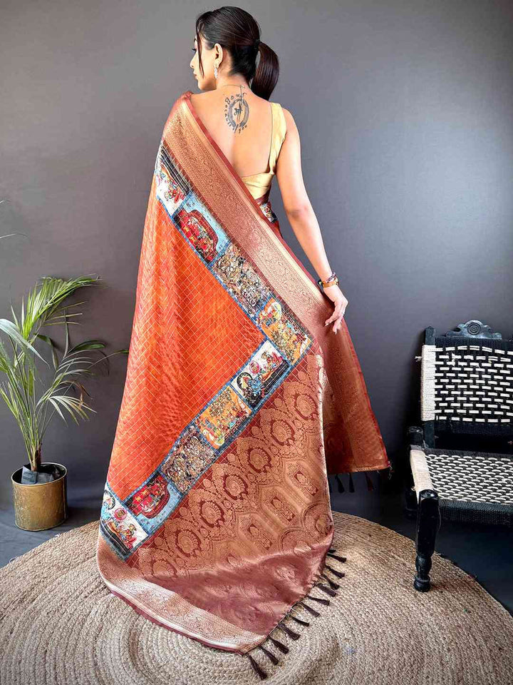 Copper Orange Banarasi Silk Saree with Artistic Print Pallu & Rich Zari Border