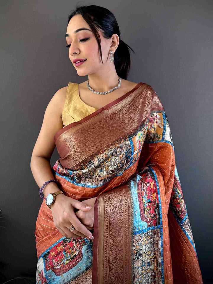Copper Orange Banarasi Silk Saree with Artistic Print Pallu & Rich Zari Border