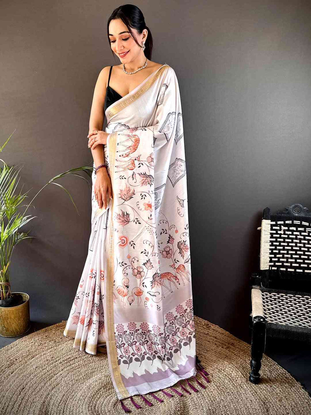 White & Pastel Printed Satin Silk Saree with Golden Border