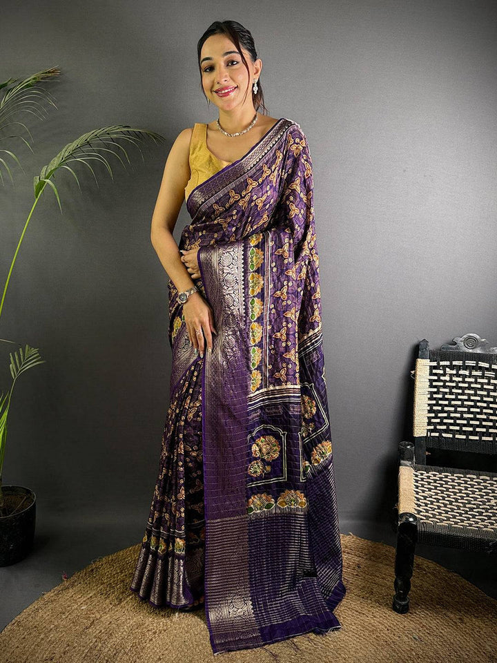 Purple Soft Silk Saree with Traditional Floral Weaving & Silver Zari Pallu