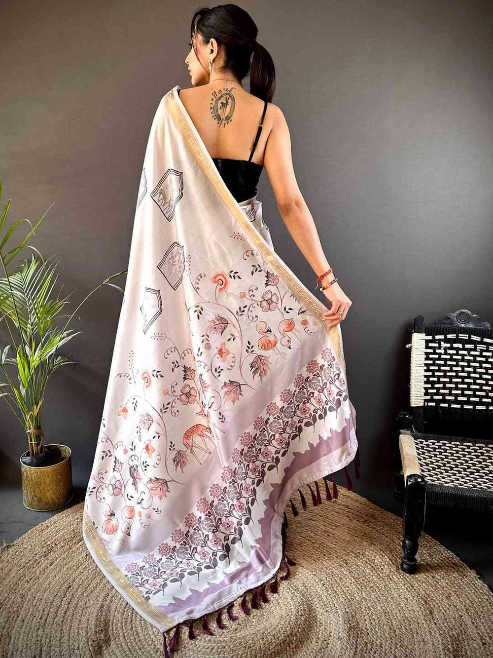 White & Pastel Printed Satin Silk Saree with Golden Border