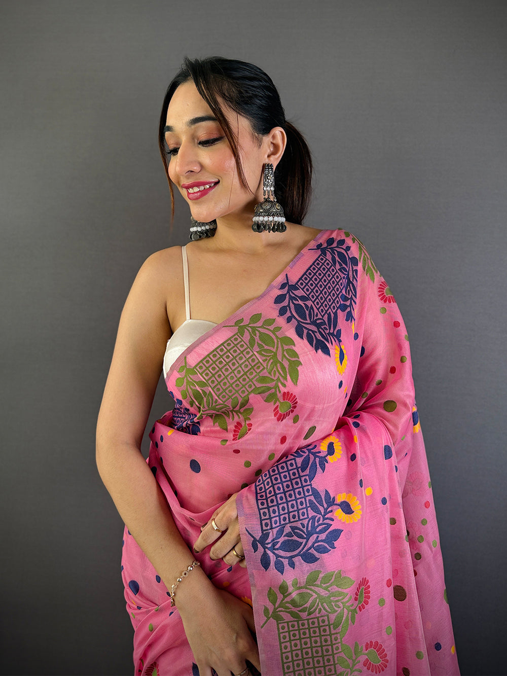 Pink Multicolor Printed Soft Cotton Saree with Floral Folk Art Motifs & Tassel Border