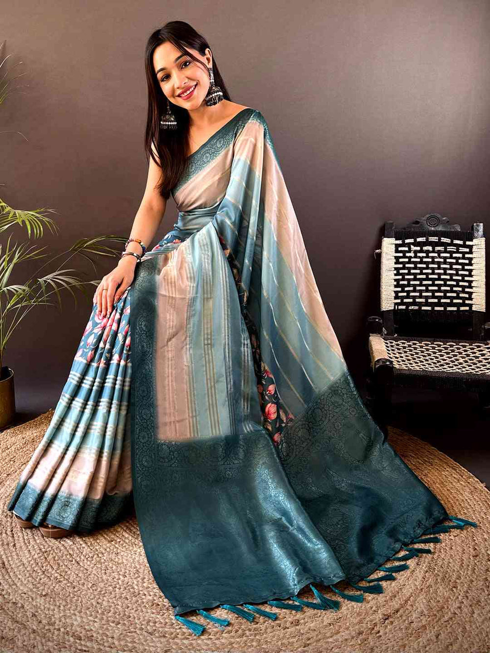 Teal & Beige Printed Silk Saree with Floral Design and Rich Woven Pallu