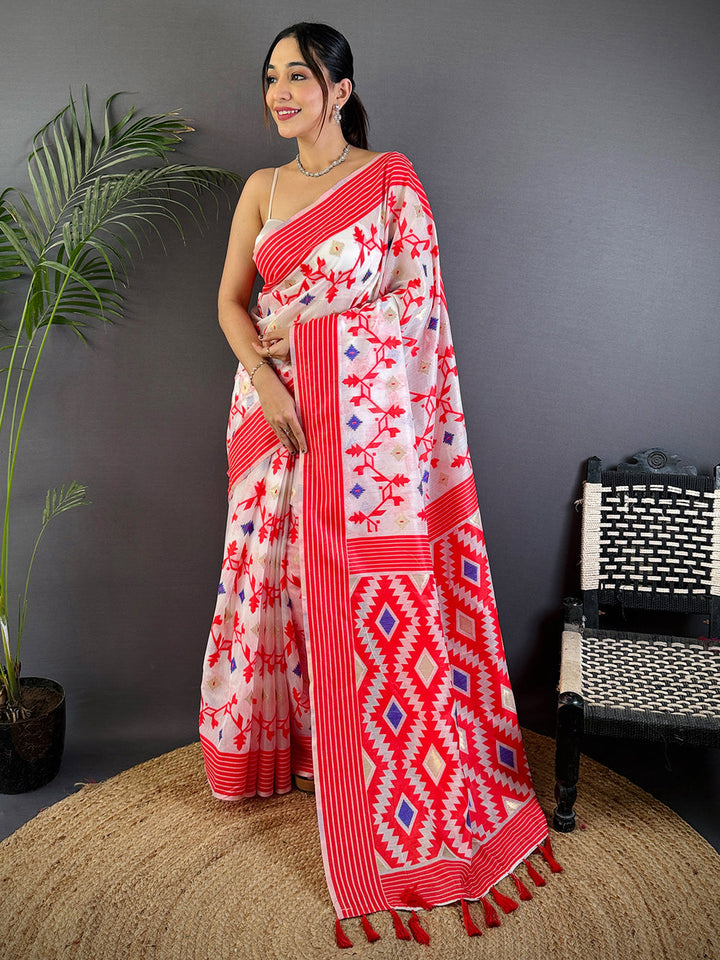 White & Red Soft Cotton Saree with Tribal Geometric Pallu and Floral Print
