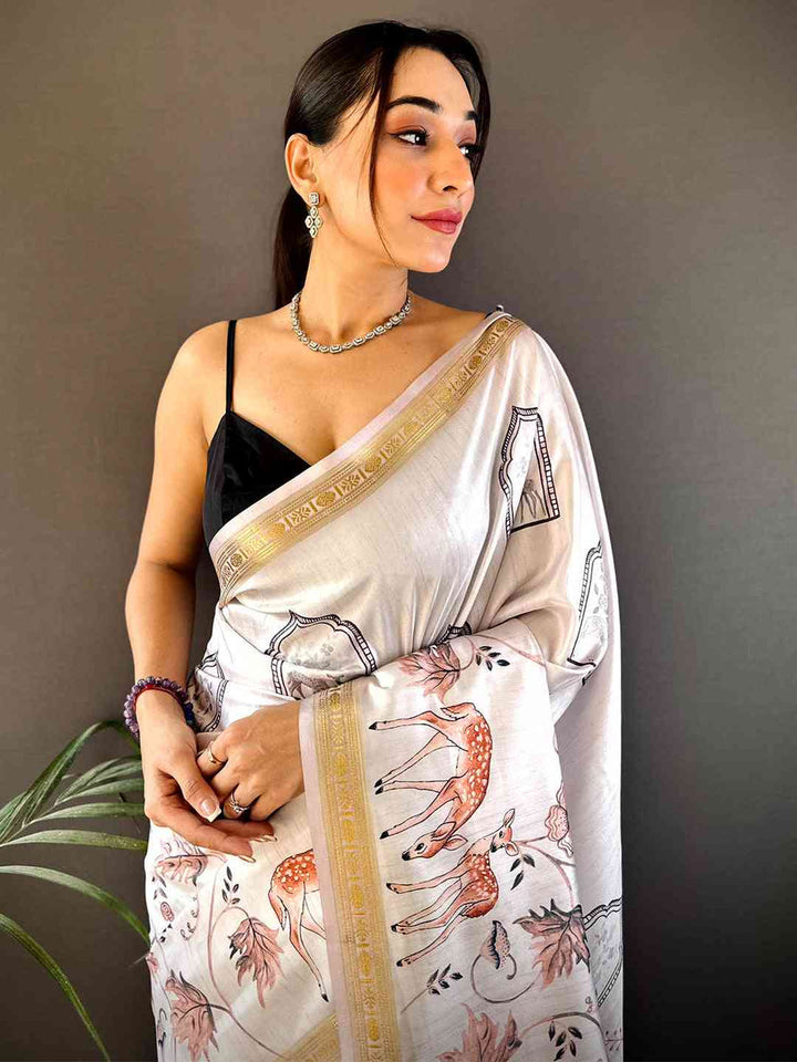 White & Pastel Printed Satin Silk Saree with Golden Border