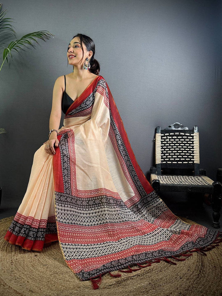Cream & Maroon Soft Silk Saree with Traditional Black Block Print & Woven Border