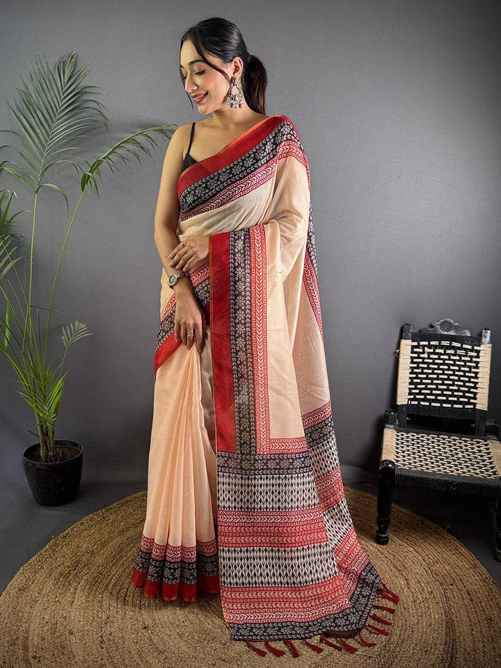 Cream & Maroon Soft Silk Saree with Traditional Black Block Print & Woven Border
