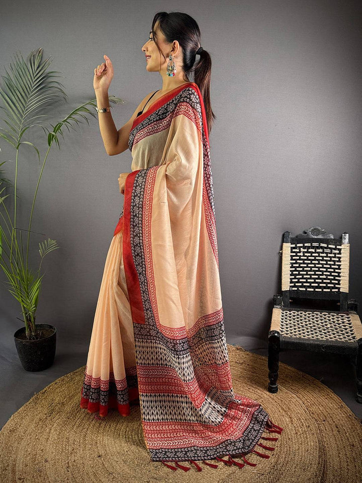 Cream & Maroon Soft Silk Saree with Traditional Black Block Print & Woven Border