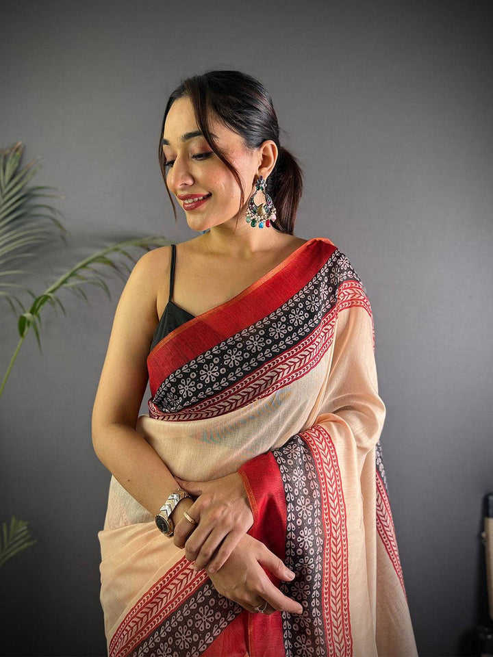 Cream & Maroon Soft Silk Saree with Traditional Black Block Print & Woven Border