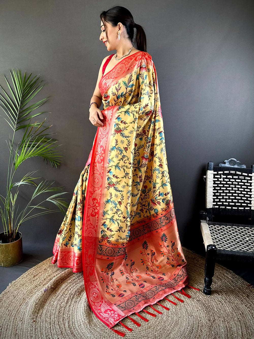Yellow & Red Banarasi Silk Saree with Floral Print and Rich Zari Border
