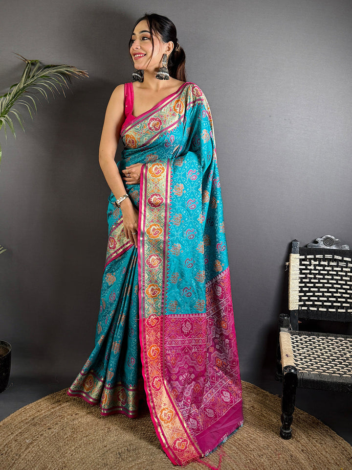 Teal Blue Patola Print Soft Silk Saree with Pink Zari Border