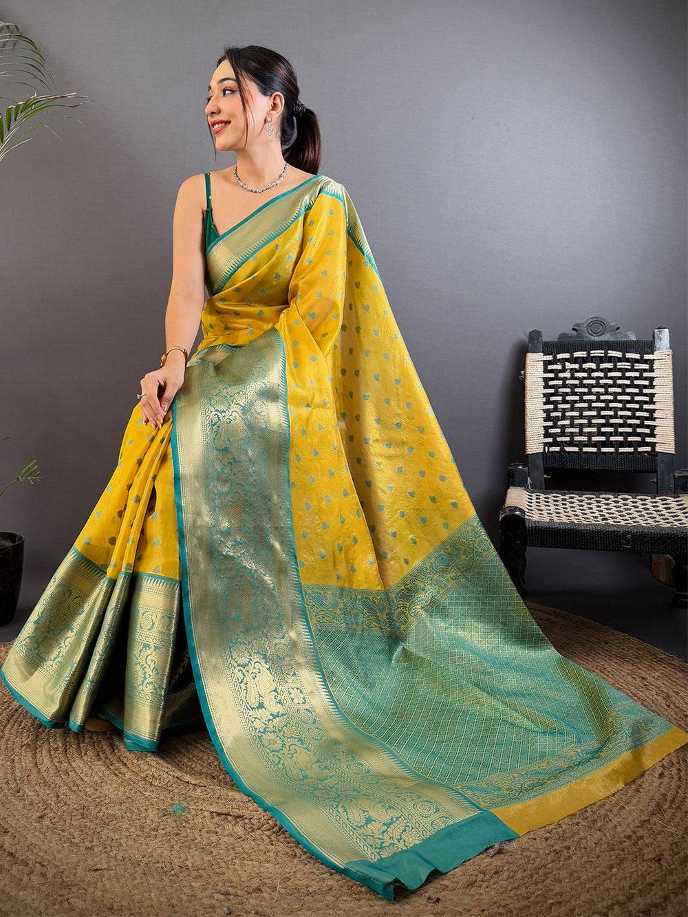 Yellow Soft Silk Saree with Teal Green Zari Border & Butta Work