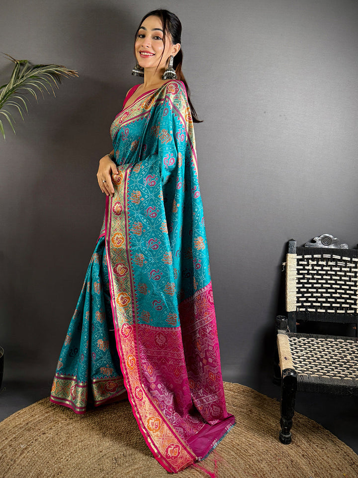 Teal Blue Patola Print Soft Silk Saree with Pink Zari Border