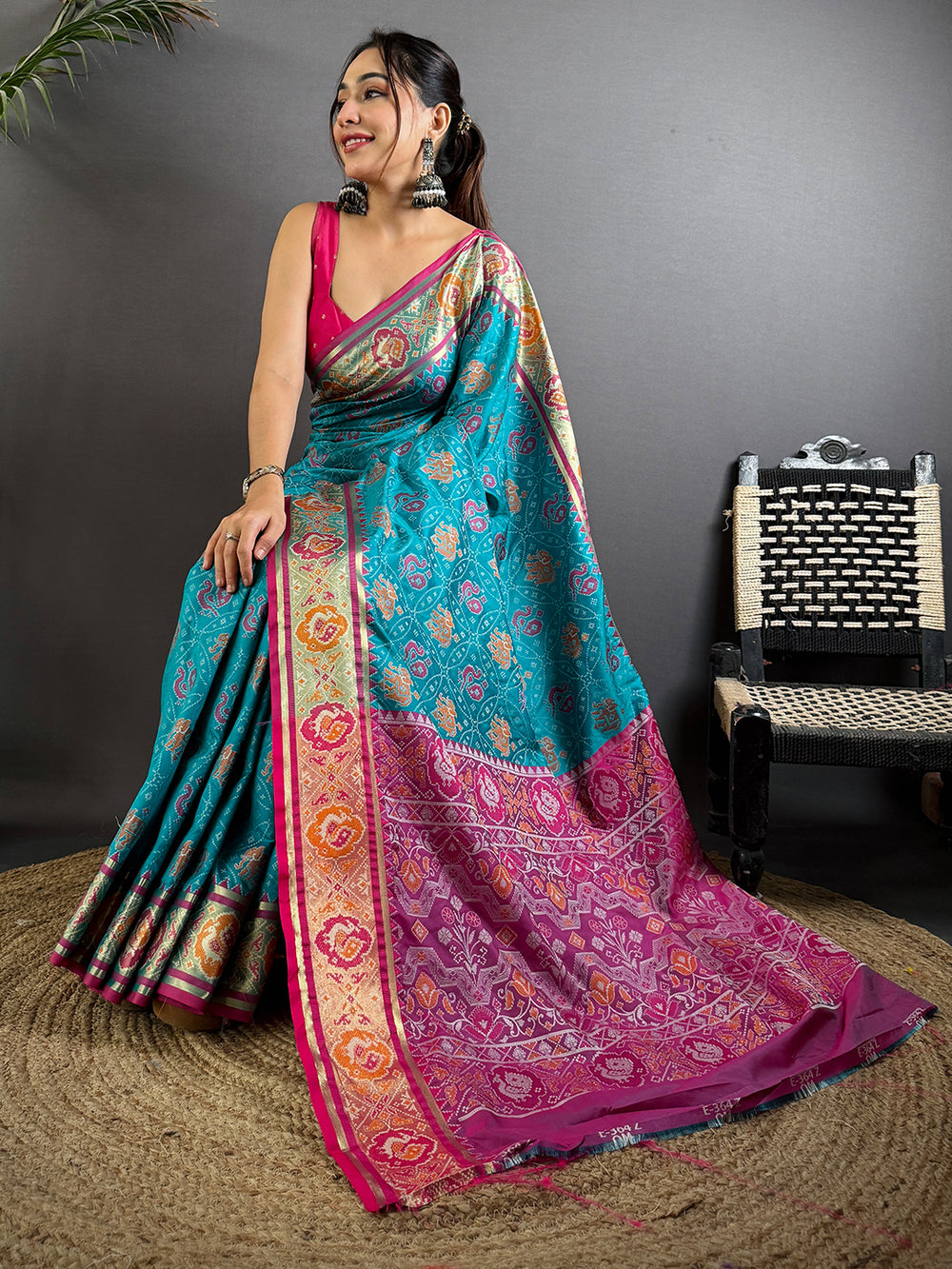 Teal Blue Patola Print Soft Silk Saree with Pink Zari Border