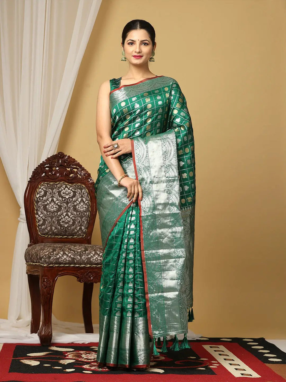 Emerald Green Banarasi Silk Saree with Silver Zari Weaving & Contrast Border