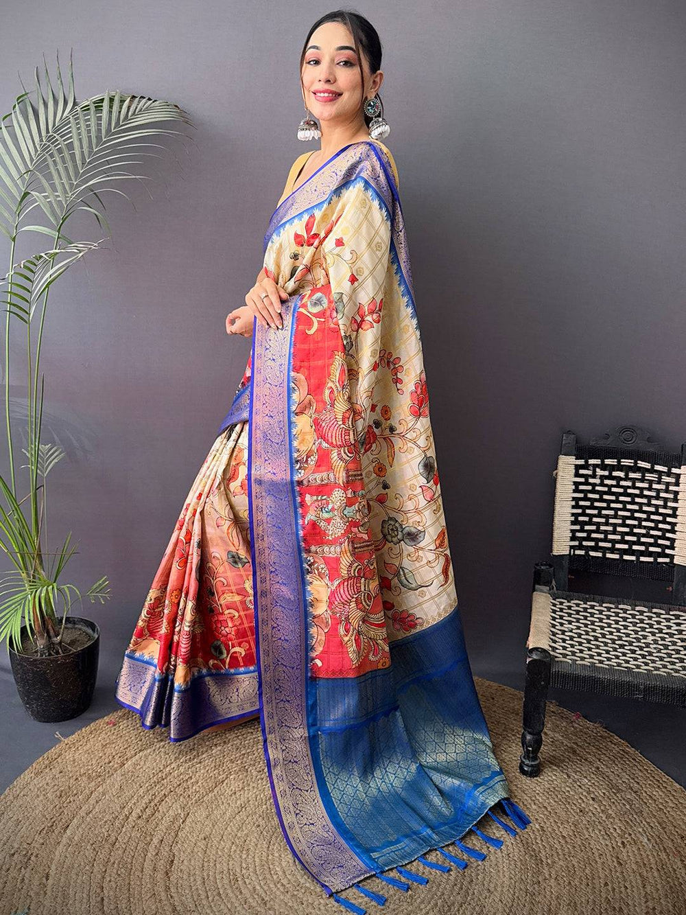 Cream & Red Soft Silk Saree with Blue Zari Border and Artistic Floral Print