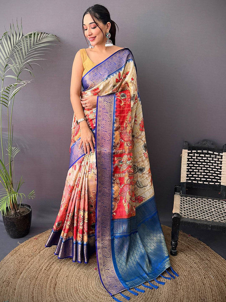 Cream & Red Soft Silk Saree with Blue Zari Border and Artistic Floral Print