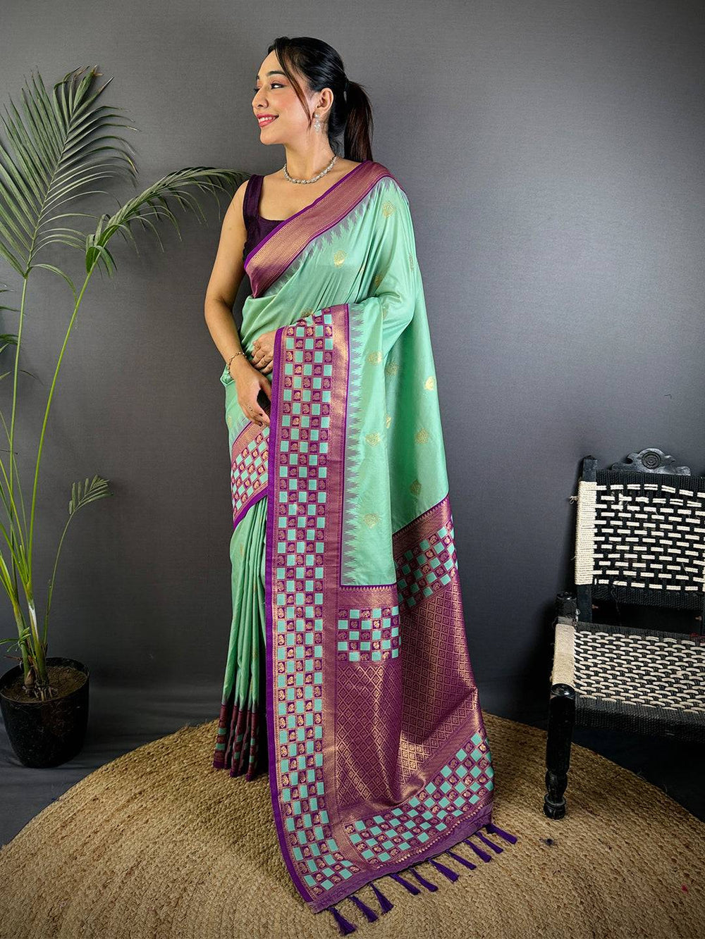 Mint Green & Purple Banarasi Silk Saree with Golden Zari Motifs and Checkered Border