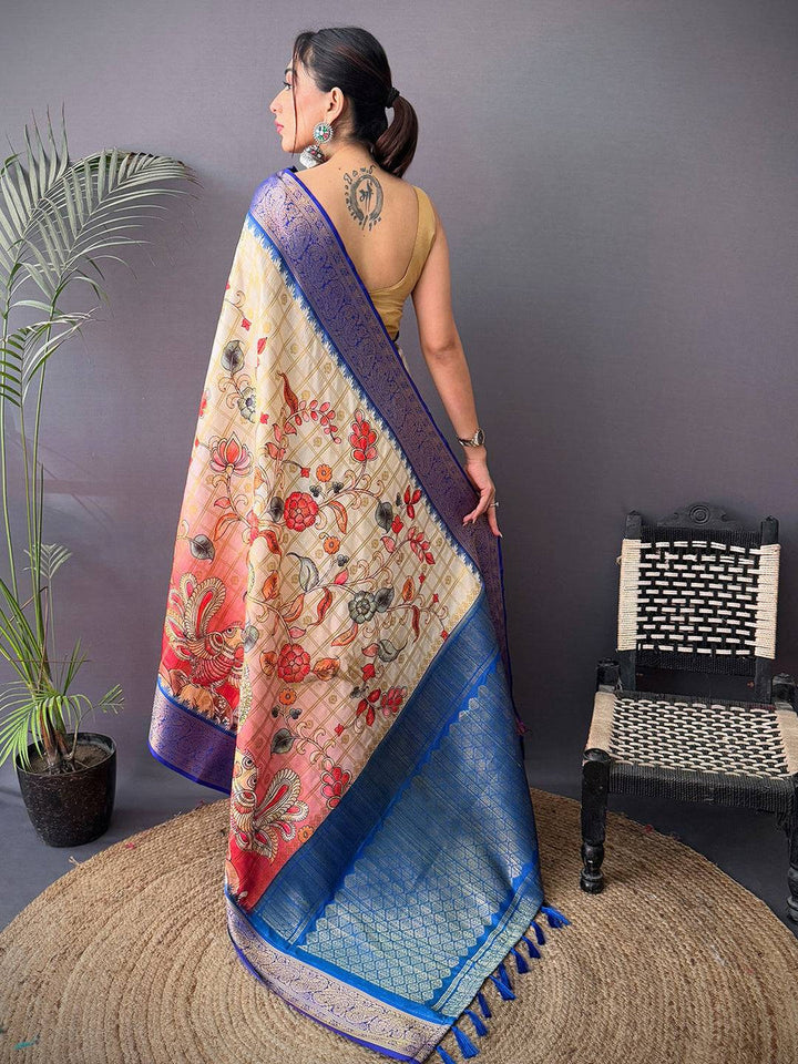 Cream & Red Soft Silk Saree with Blue Zari Border and Artistic Floral Print
