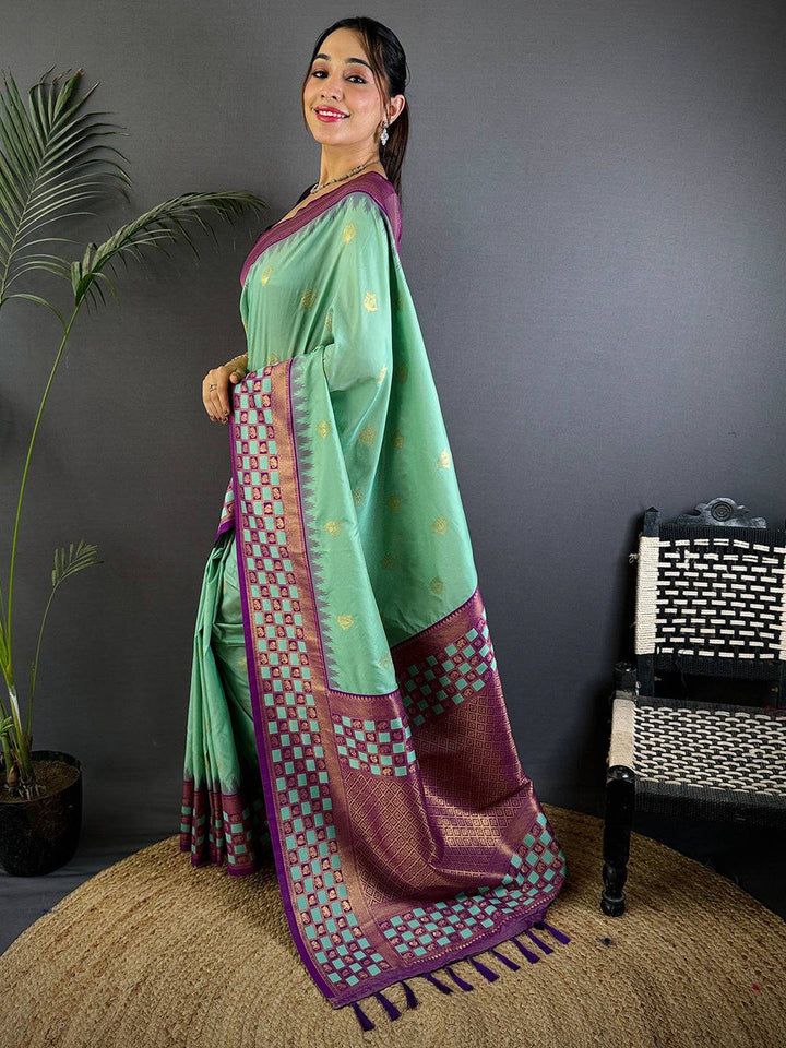 Mint Green & Purple Banarasi Silk Saree with Golden Zari Motifs and Checkered Border