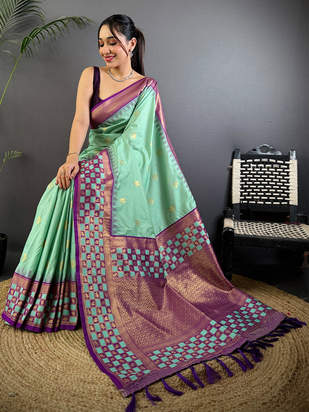 Mint Green & Purple Banarasi Silk Saree with Golden Zari Motifs and Checkered Border