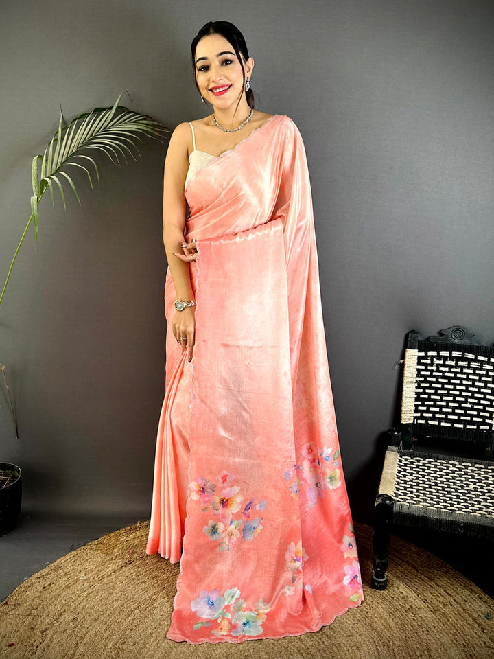 Peach Satin Silk Saree with Scallop Border