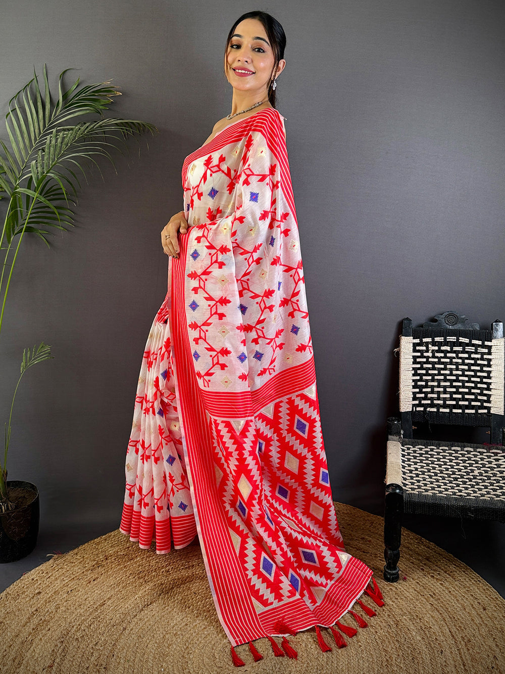 White & Red Soft Cotton Saree with Tribal Geometric Pallu and Floral Print