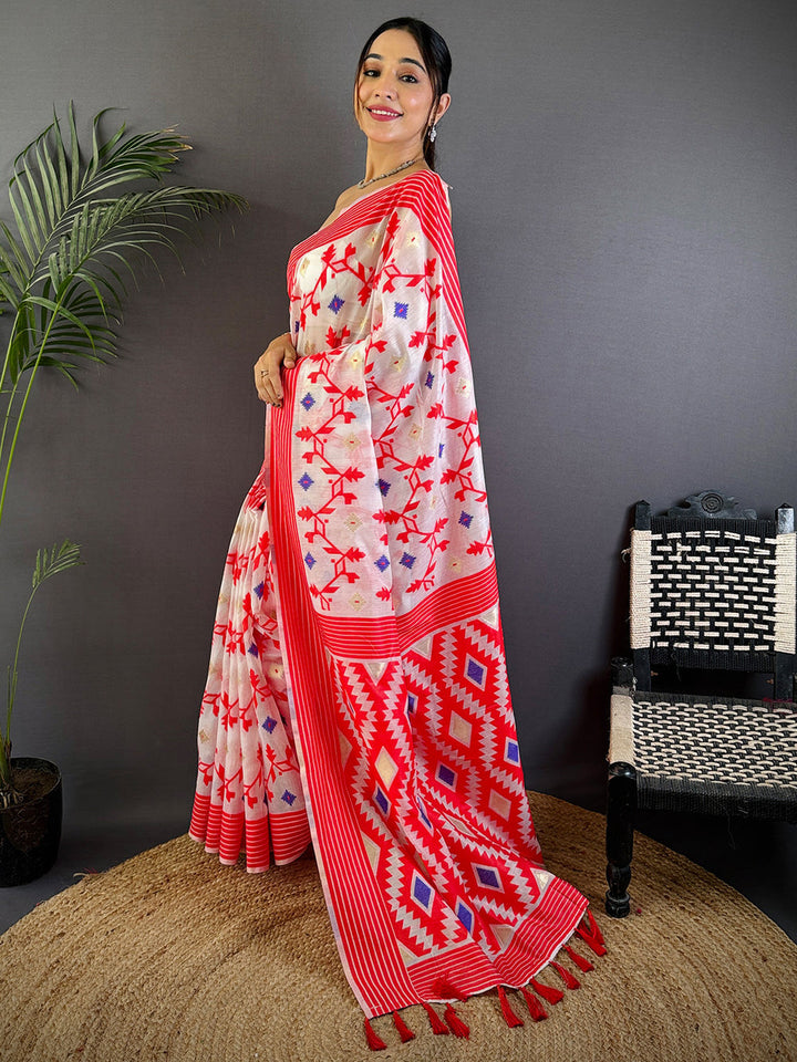White & Red Soft Cotton Saree with Tribal Geometric Pallu and Floral Print