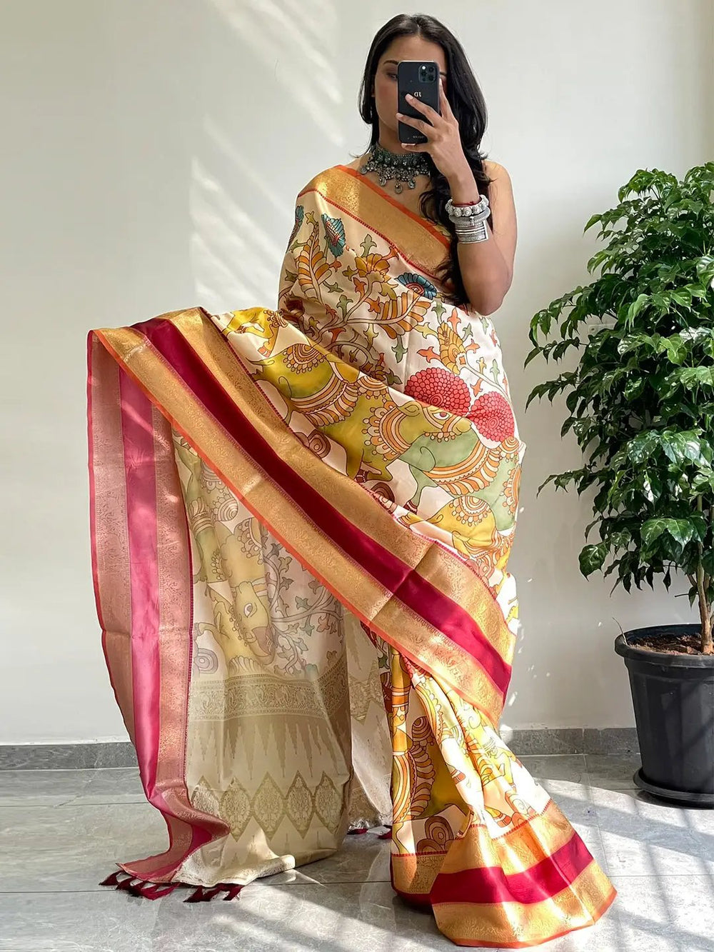 Cream & Multicolor Kalamkari Print Silk Saree with Rich Gold Zari Border & Contrast Pallu