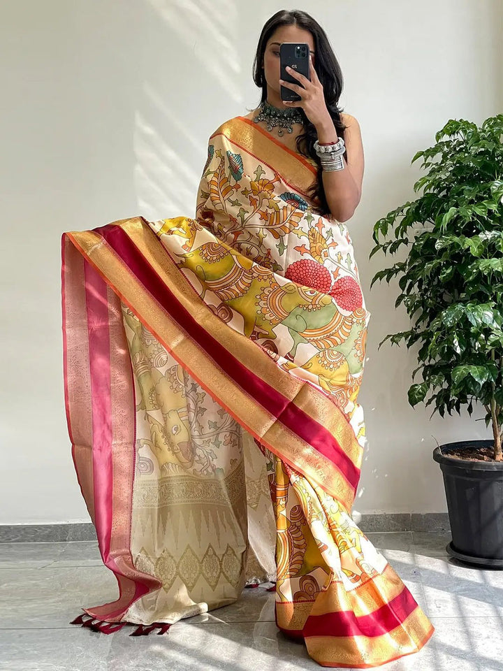 Cream & Multicolor Kalamkari Print Silk Saree with Rich Gold Zari Border & Contrast Pallu