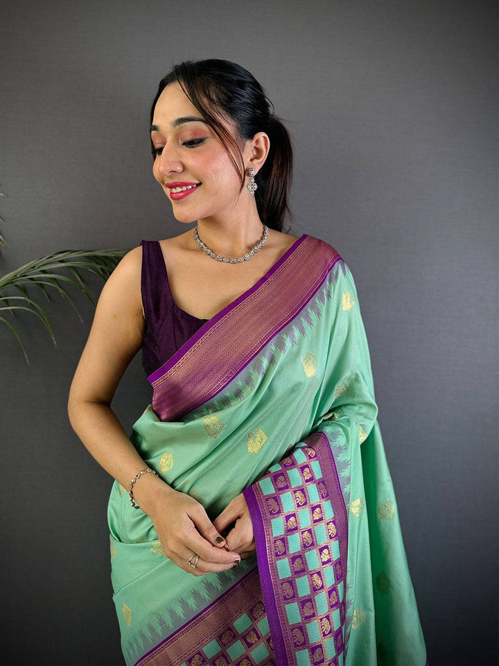 Mint Green & Purple Banarasi Silk Saree with Golden Zari Motifs and Checkered Border