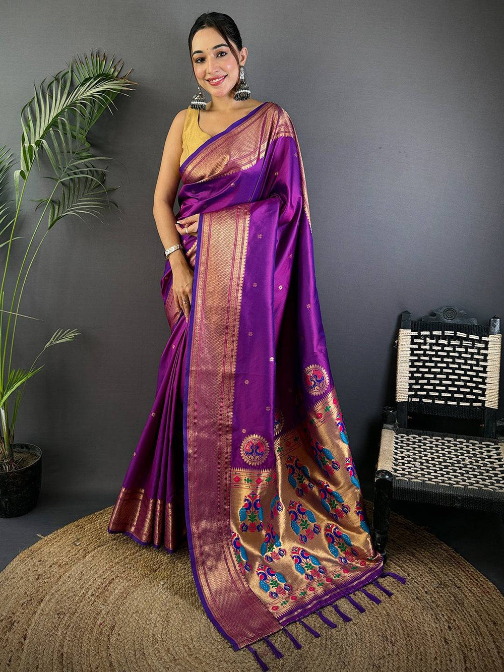 Purple Banarasi Silk Saree with Peacock Zari Weaving & Rich Golden Pallu