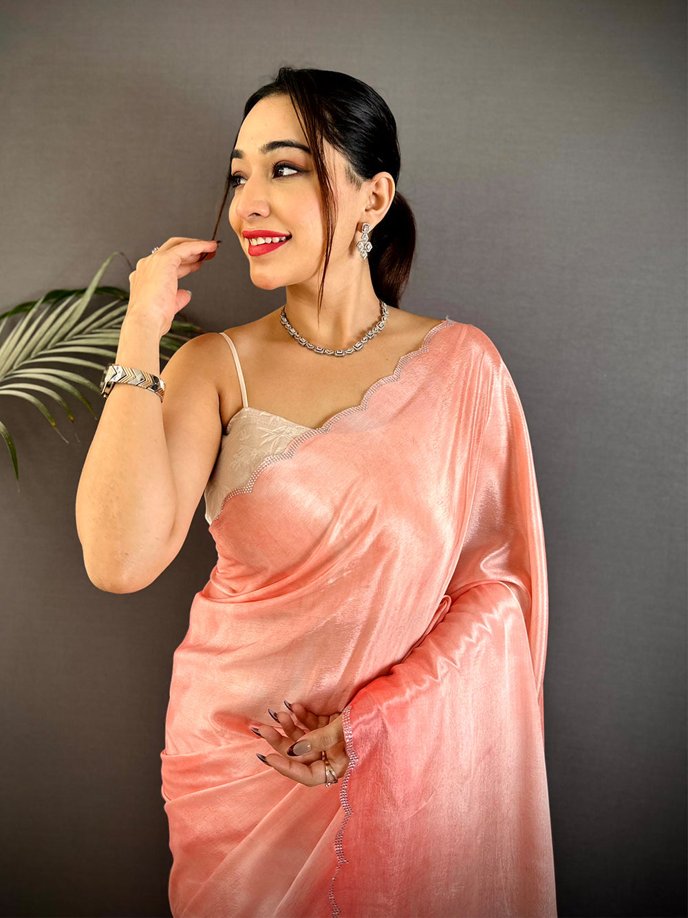 Peach Satin Silk Saree with Scallop Border
