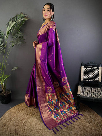 Purple Banarasi Silk Saree with Peacock Zari Weaving & Rich Golden Pallu
