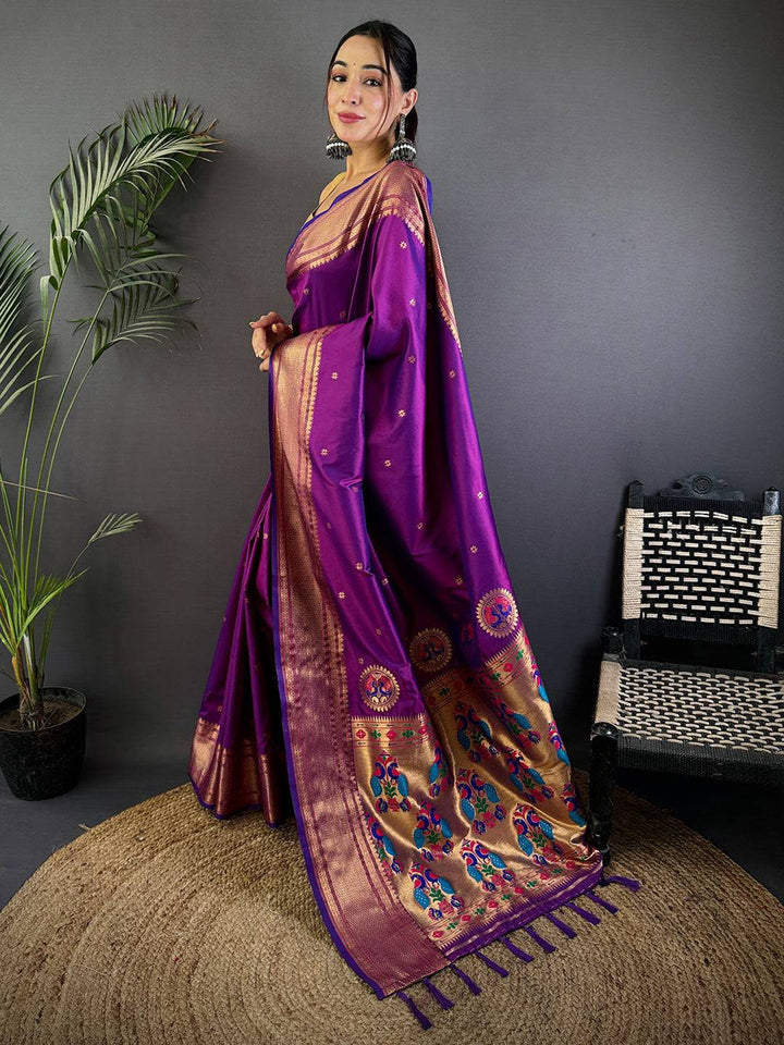 Purple Banarasi Silk Saree with Peacock Zari Weaving & Rich Golden Pallu