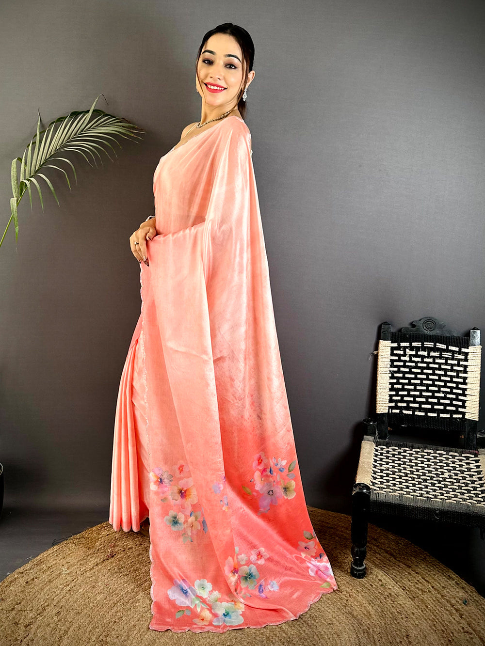 Peach Satin Silk Saree with Scallop Border