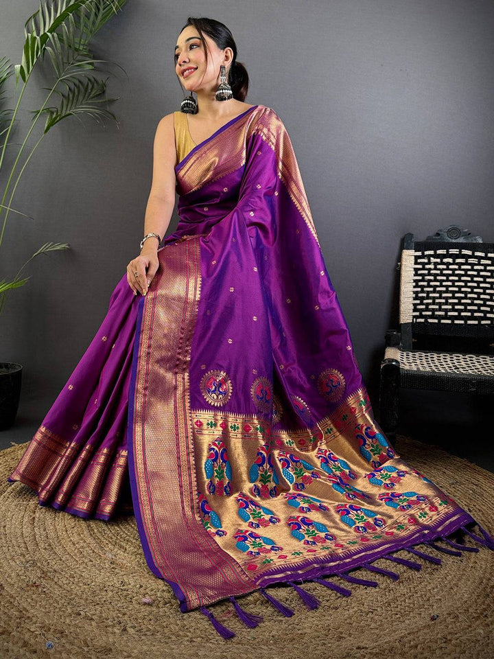Purple Banarasi Silk Saree with Peacock Zari Weaving & Rich Golden Pallu