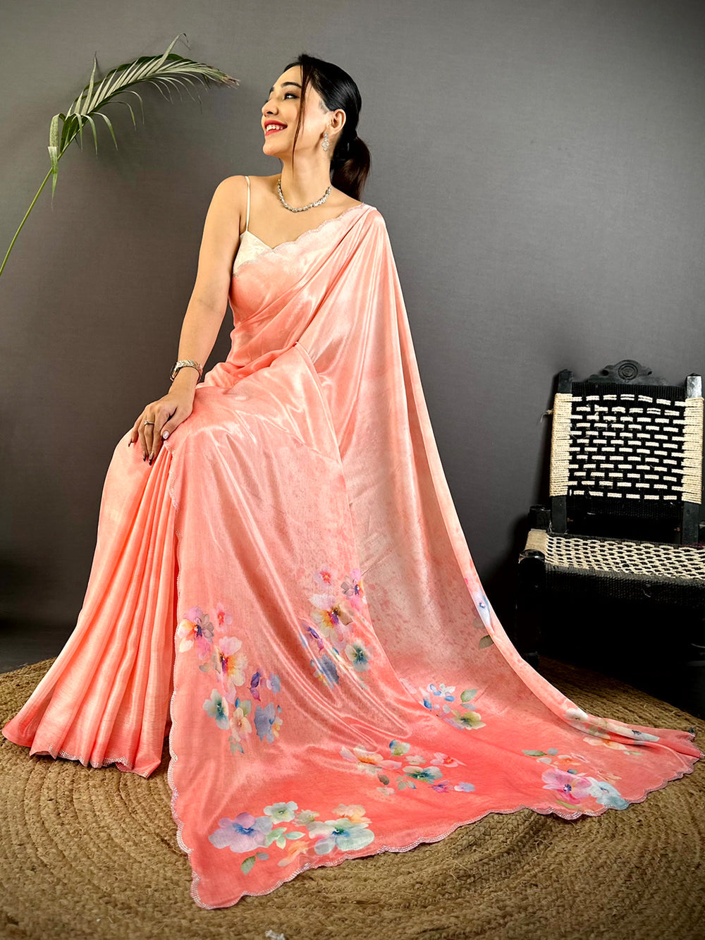 Peach Satin Silk Saree with Scallop Border
