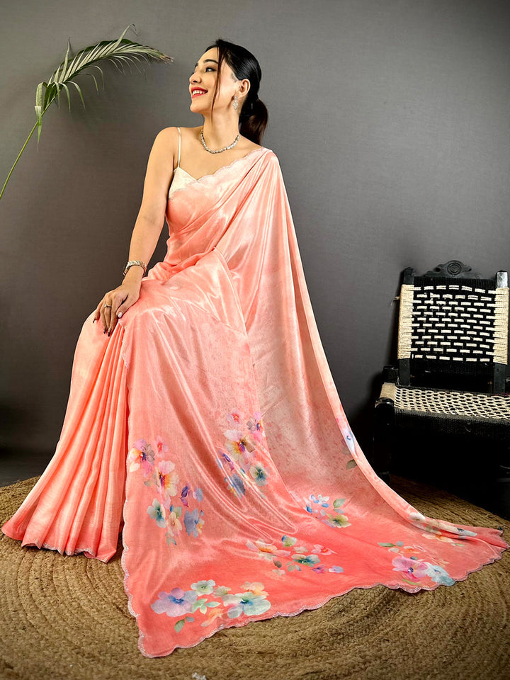 Peach Satin Silk Saree with Scallop Border